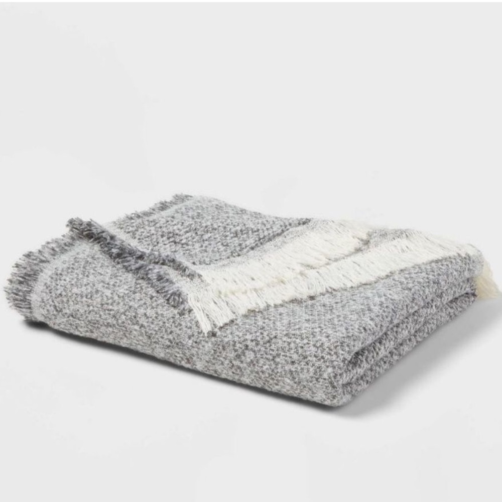 60"x80" Marled Boucle Bed Throw with Fringe Gray - Threshold NWT